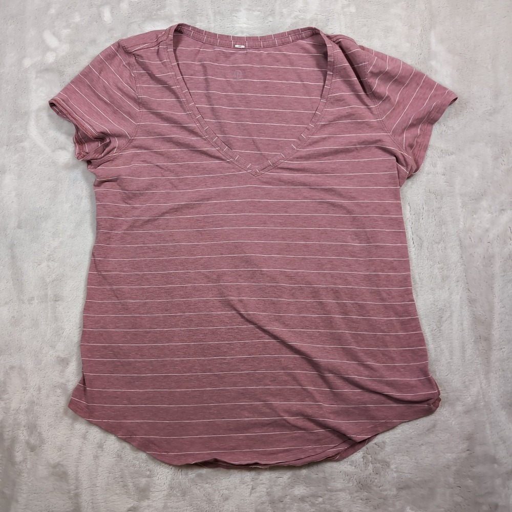 Lululemon Love Tee Shirt Women Medium Pink Striped V-Neck Short Sleeve Cotton